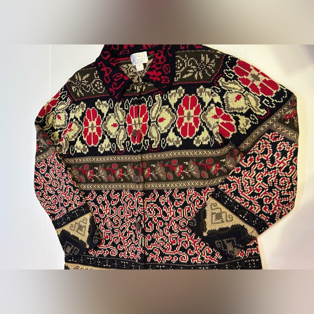 Christopher & Banks Knit Sweater Womens M Hand Embroidered Button Front Cottage - Picture 7 of 15